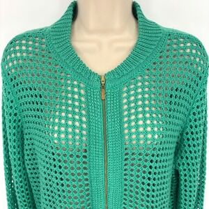Spanner Womens Emerald Green Open Knit Full Zip Mock Neck Cardigan R13336 Size L
